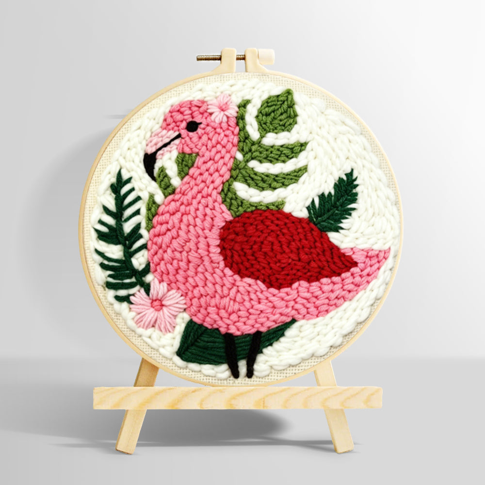 Pink flamingo and green plants punch needle kit for beginners