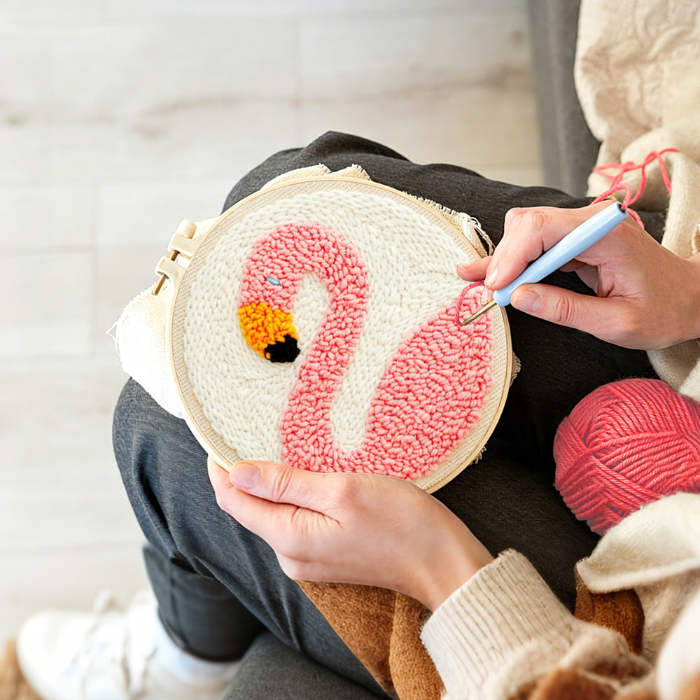 Creating handmade pink flamingo punch needle artwork