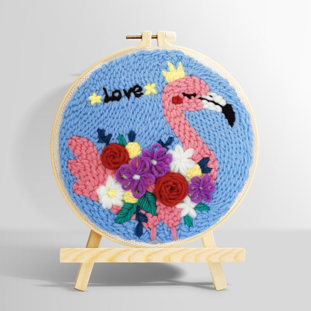 Pink flamingo with colourful flowers punch needle kit for beginners