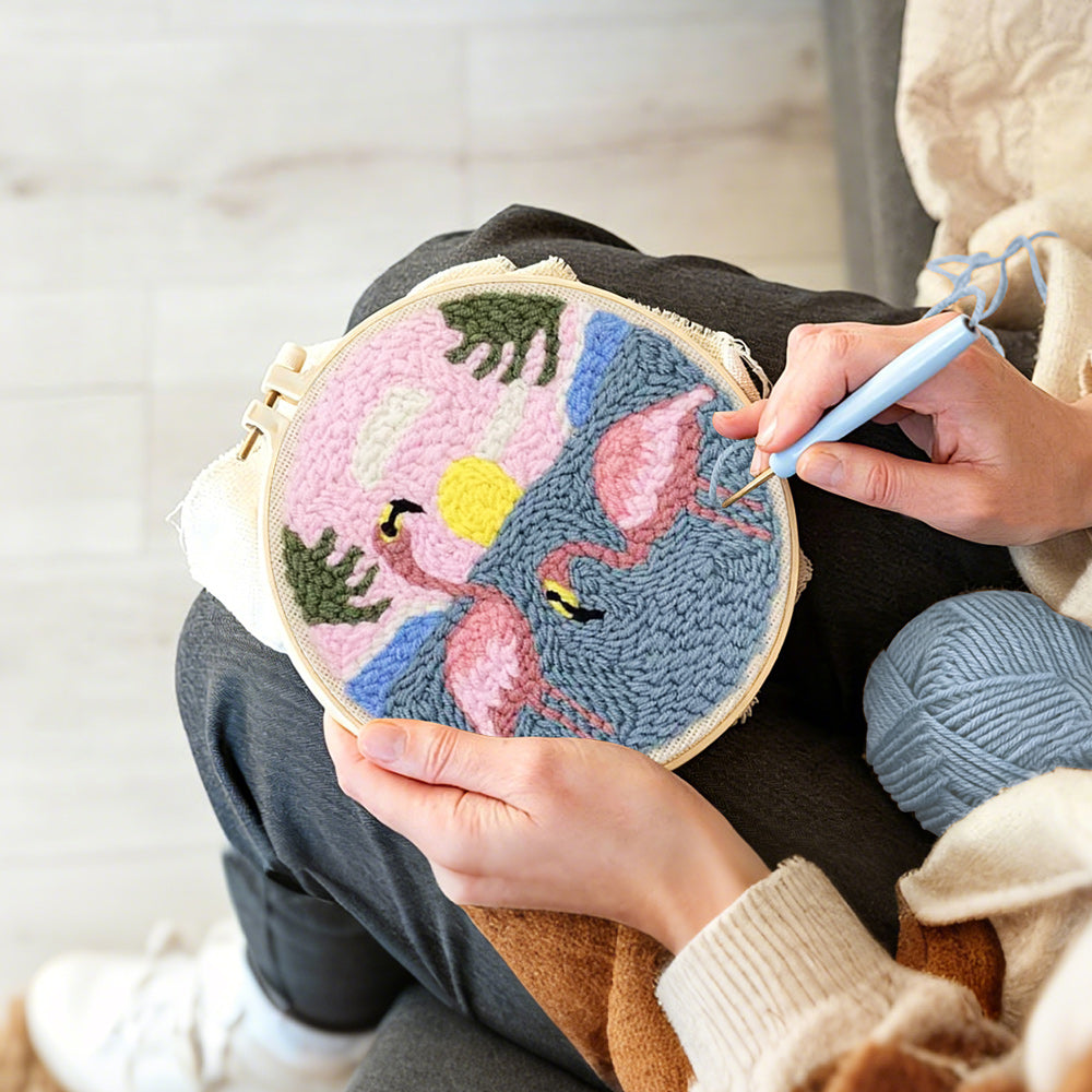 Creating handmade pink flamingos by the sea punch needle artwork