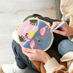 Creating handmade pink flamingos by the sea punch needle artwork
