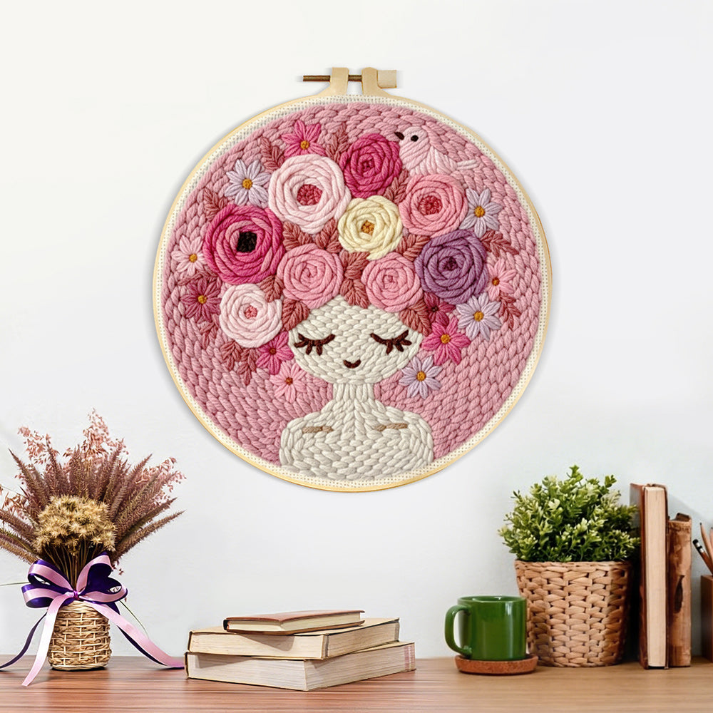 Finished pink floral crown girl artwork displayed on a wall