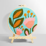 Pink flower and green leaves punch needle kit for beginners