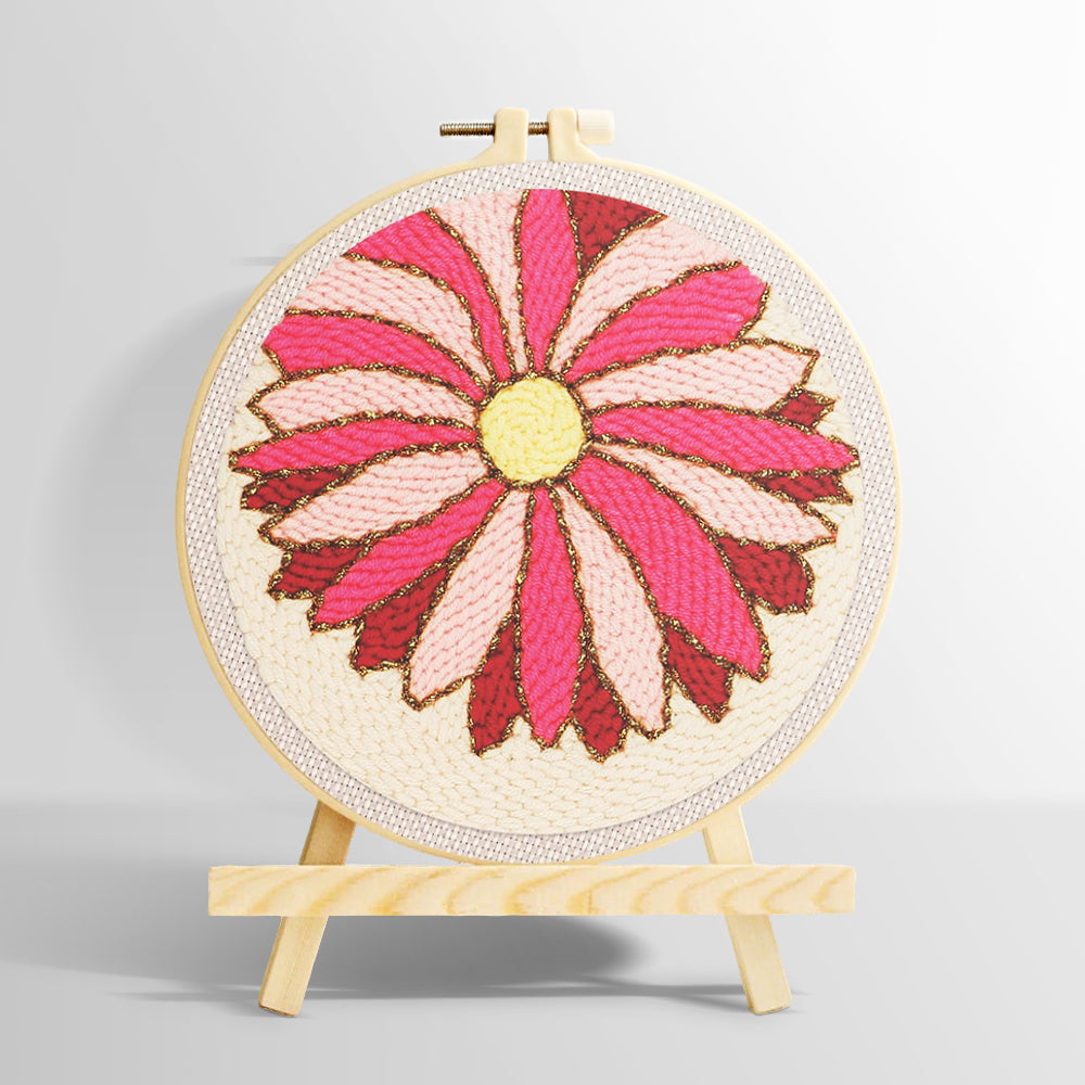 Pink geometric sunburst flower punch needle kit for beginners