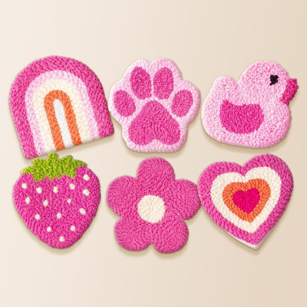 Pink heart, duck and strawberry punch needle coaster kit finished handmade coasters