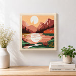 Finished pink mountain sunrise artwork displayed on a wall
