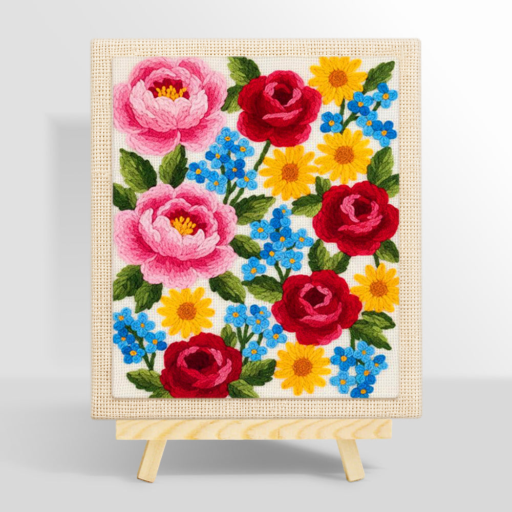 Pink peonies, red roses and blue forget-me-nots punch needle kit for beginners