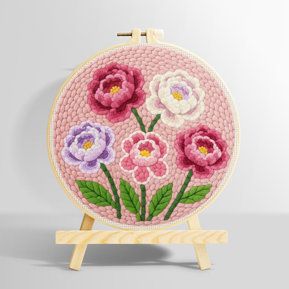 Pink, purple and white layered flowers punch needle kit for beginners