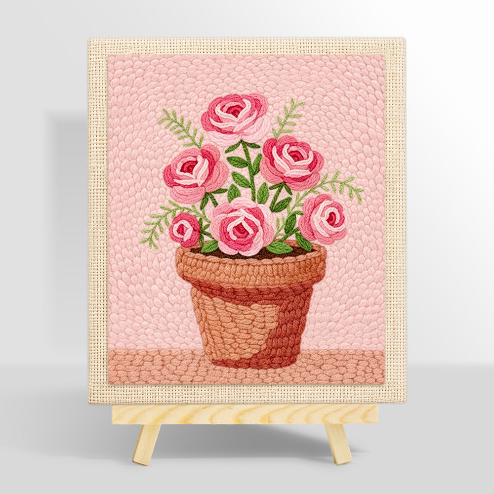 Pink roses in pot punch needle kit for beginners