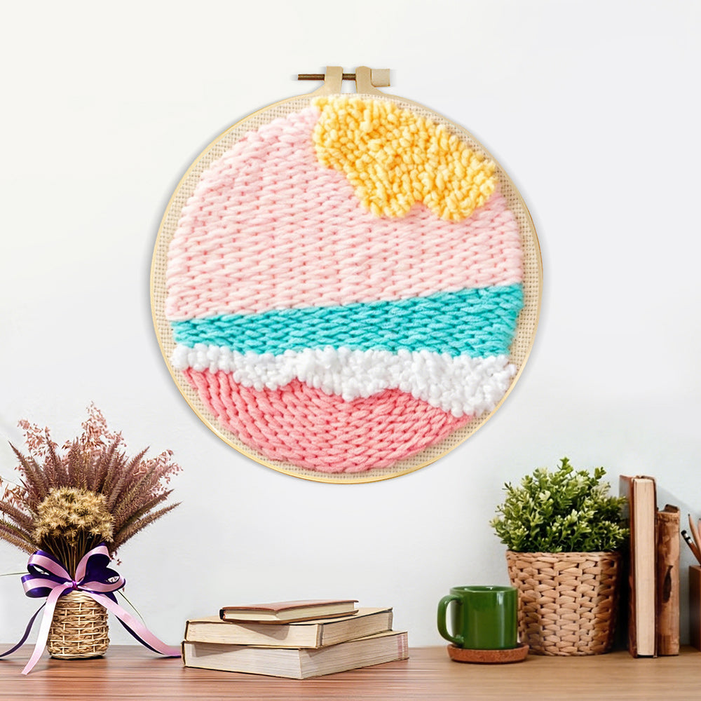 Finished pink toned sea waves artwork displayed on a wall