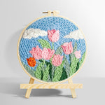 Pink tulips under the blue sky punch needle kit for beginners