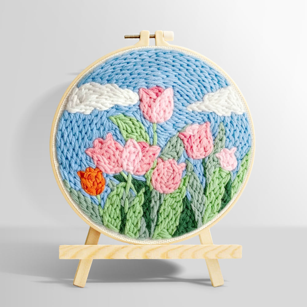 Pink tulips under the blue sky punch needle kit for beginners