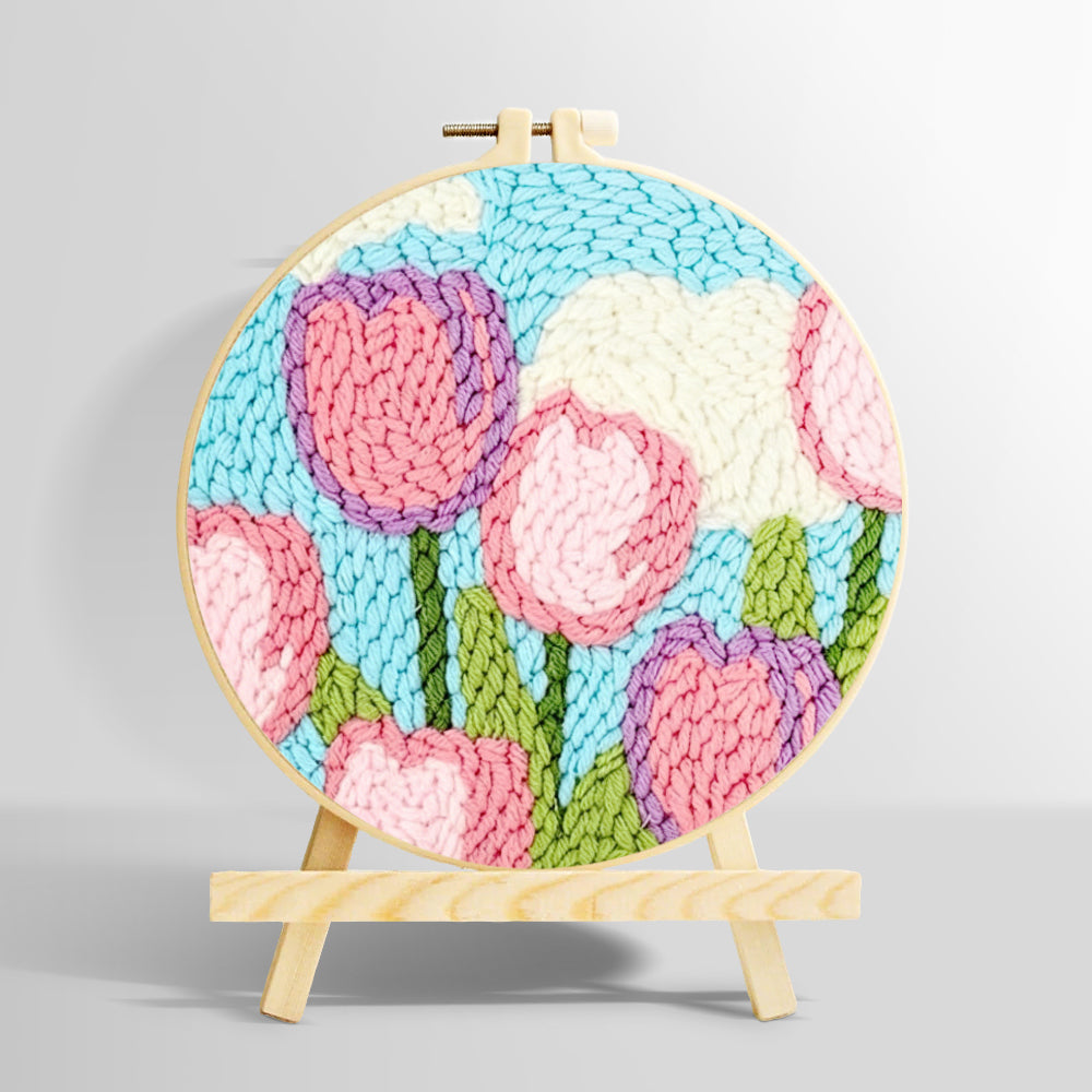 Pink tulips under the sky and clouds punch needle kit for beginners