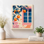 Finished pink window and orange tree artwork displayed on a wall