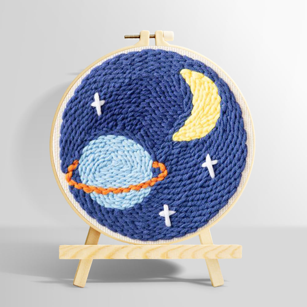 Planet, crescent moon and stars punch needle kit for beginners