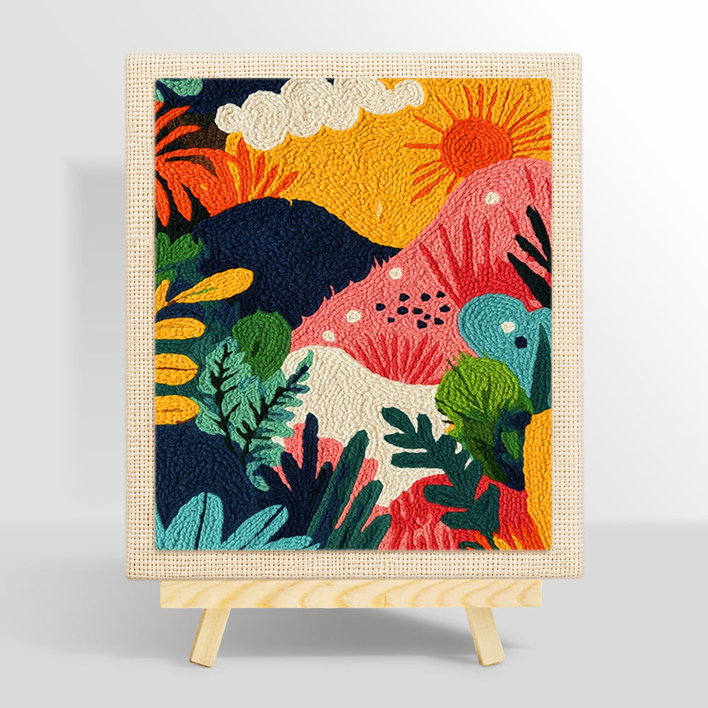 Playful jungle sunset scene punch needle kit for beginners