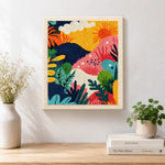 Finished playful jungle sunset scene artwork displayed on a wall