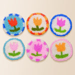 Playful retro tulips punch needle coaster kit finished handmade coasters