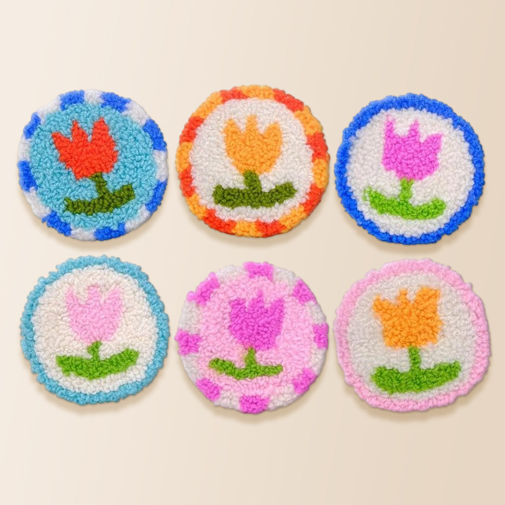Playful retro tulips punch needle coaster kit finished handmade coasters