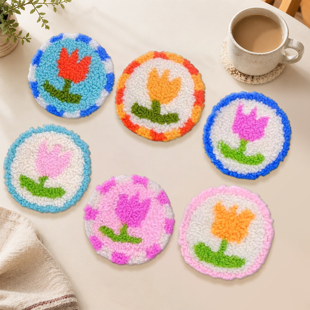 Playful retro tulips punch needle coasters used for home decoration