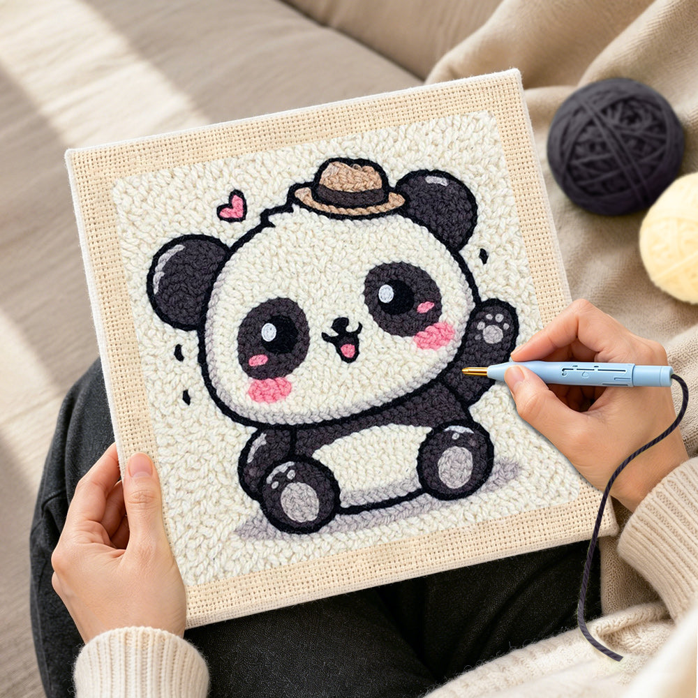 Creating handmade playful waving panda punch needle artwork