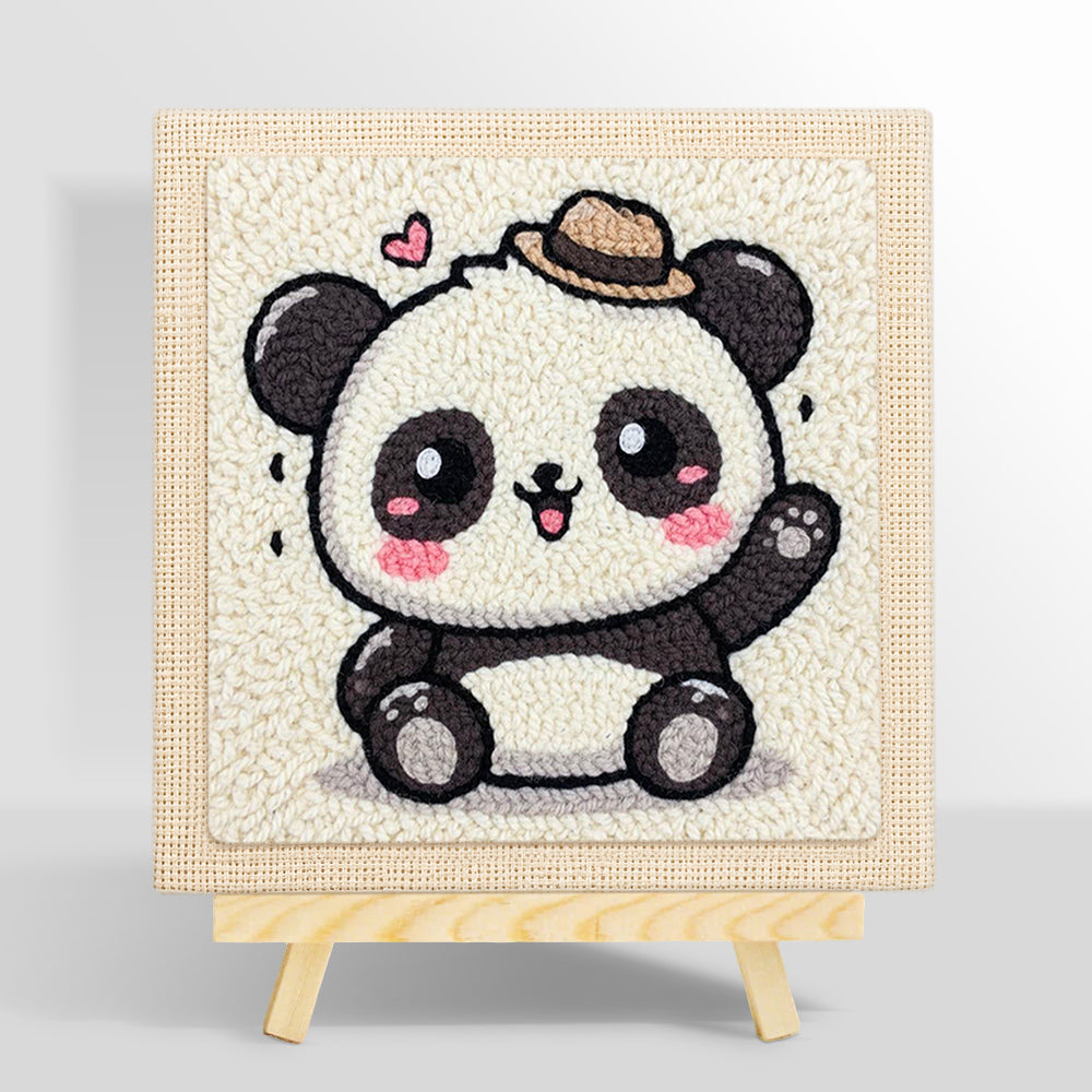 Playful waving panda punch needle kit for beginners