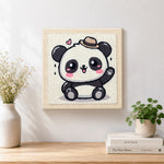 Finished playful waving panda artwork displayed on a wall
