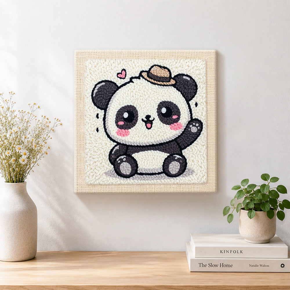 Finished playful waving panda artwork displayed on a wall