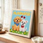 "PLAYMATES" puppy punch needle artwork displayed on a table