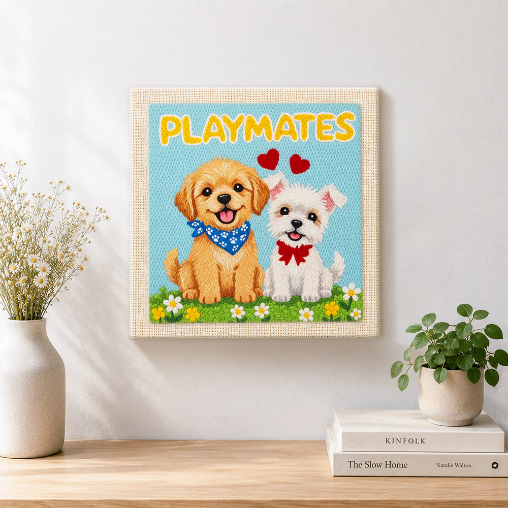Finished "PLAYMATES" puppy artwork displayed on a wall