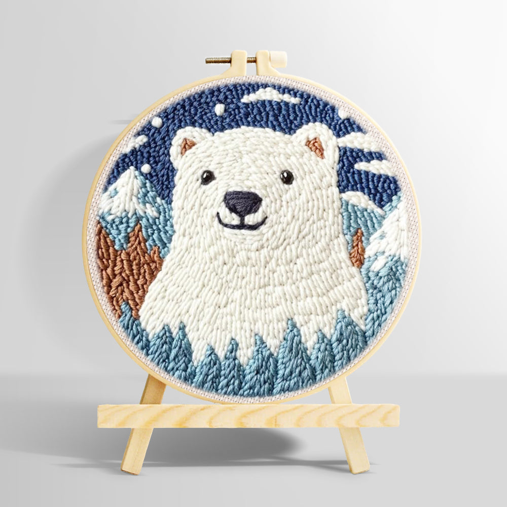 Polar bear in mountain forest punch needle kit for beginners