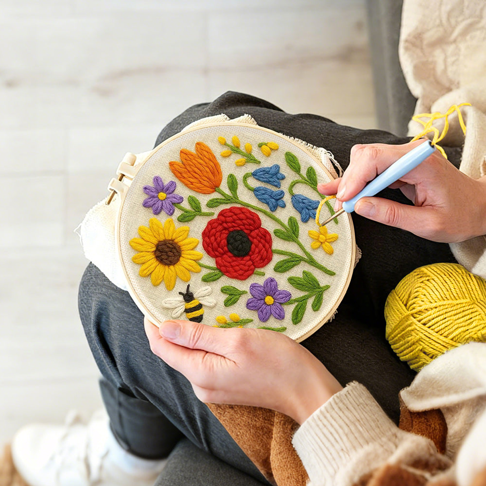 Creating handmade poppy, sunflower and bumblebee punch needle artwork