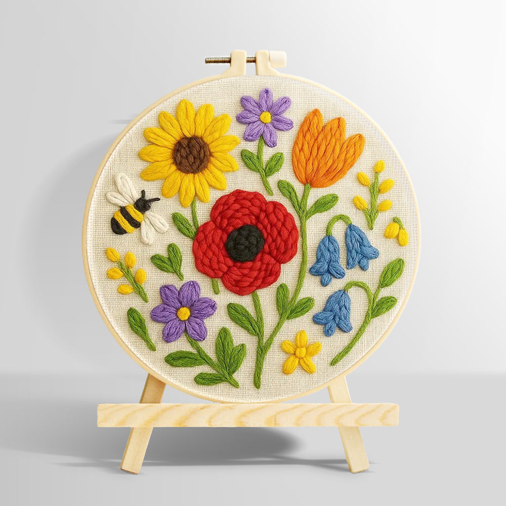Poppy, sunflower and bumblebee punch needle kit for beginners