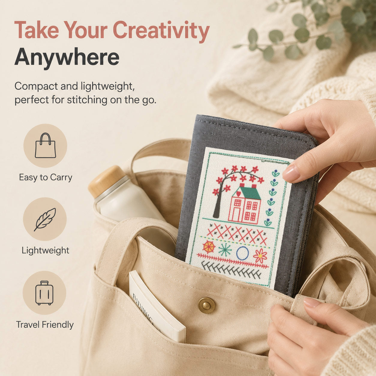 Portable embroidery stitch book designed for easy carrying and creative stitching anywhere.