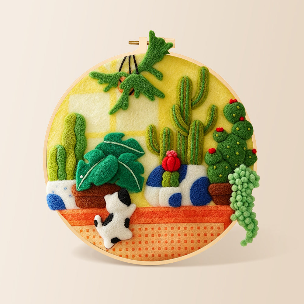 Potted cacti of various shapes needle felting kit for beginners with a round wooden frame
