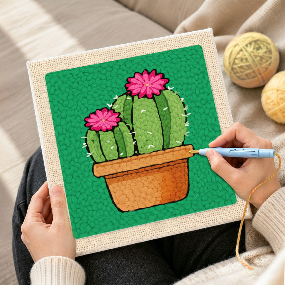Creating handmade potted cactus with pink flowers punch needle artwork
