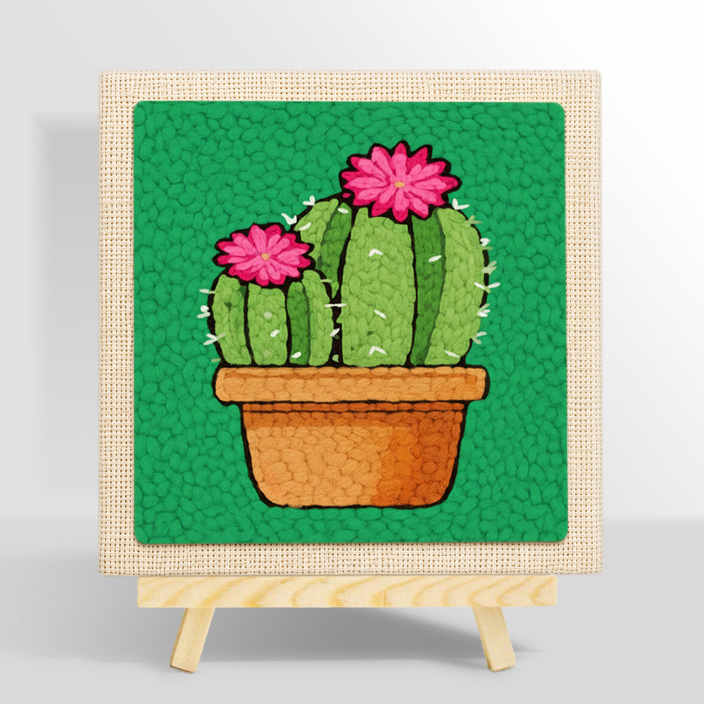 Potted cactus with pink flowers punch needle kit for beginners