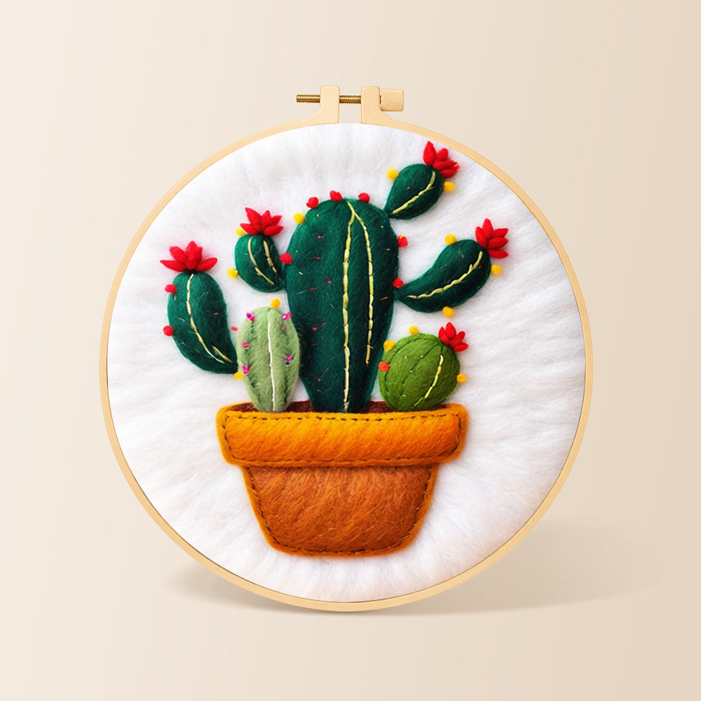 Potted cactus with red flowers needle felting kit for beginners with a round wooden frame