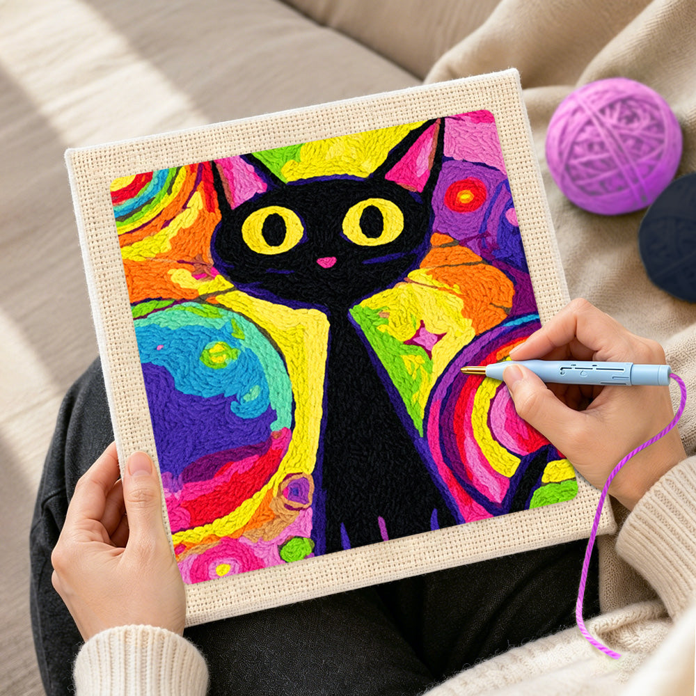 Creating handmade psychedelic rainbow black cat punch needle artwork