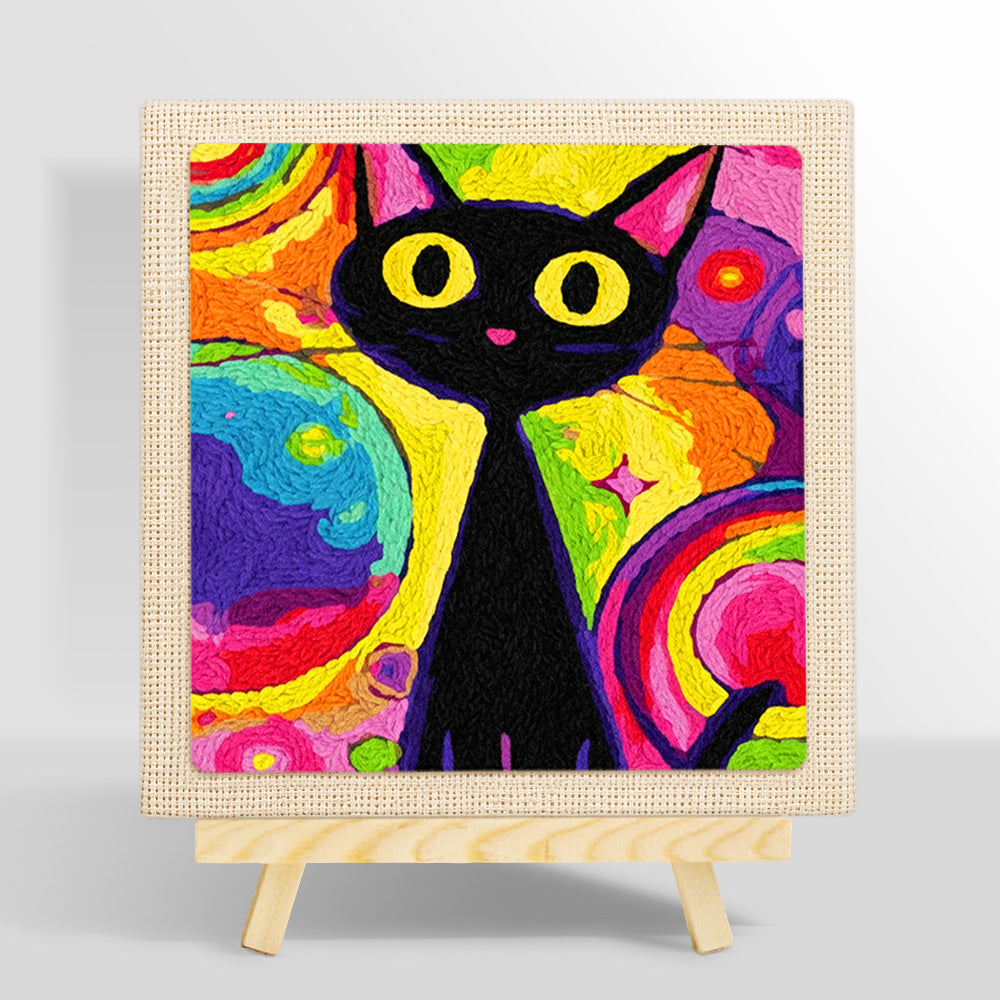 Psychedelic rainbow black cat punch needle kit for beginners
