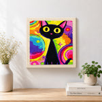 Finished psychedelic rainbow black cat artwork displayed on a wall