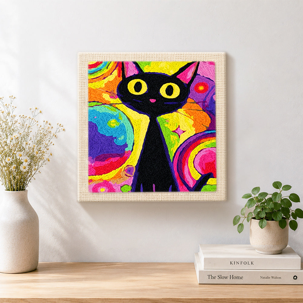 Finished psychedelic rainbow black cat artwork displayed on a wall