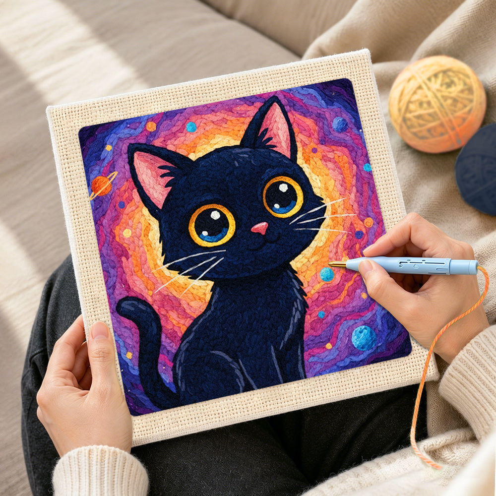 Creating handmade psychedelic space black cat punch needle artwork