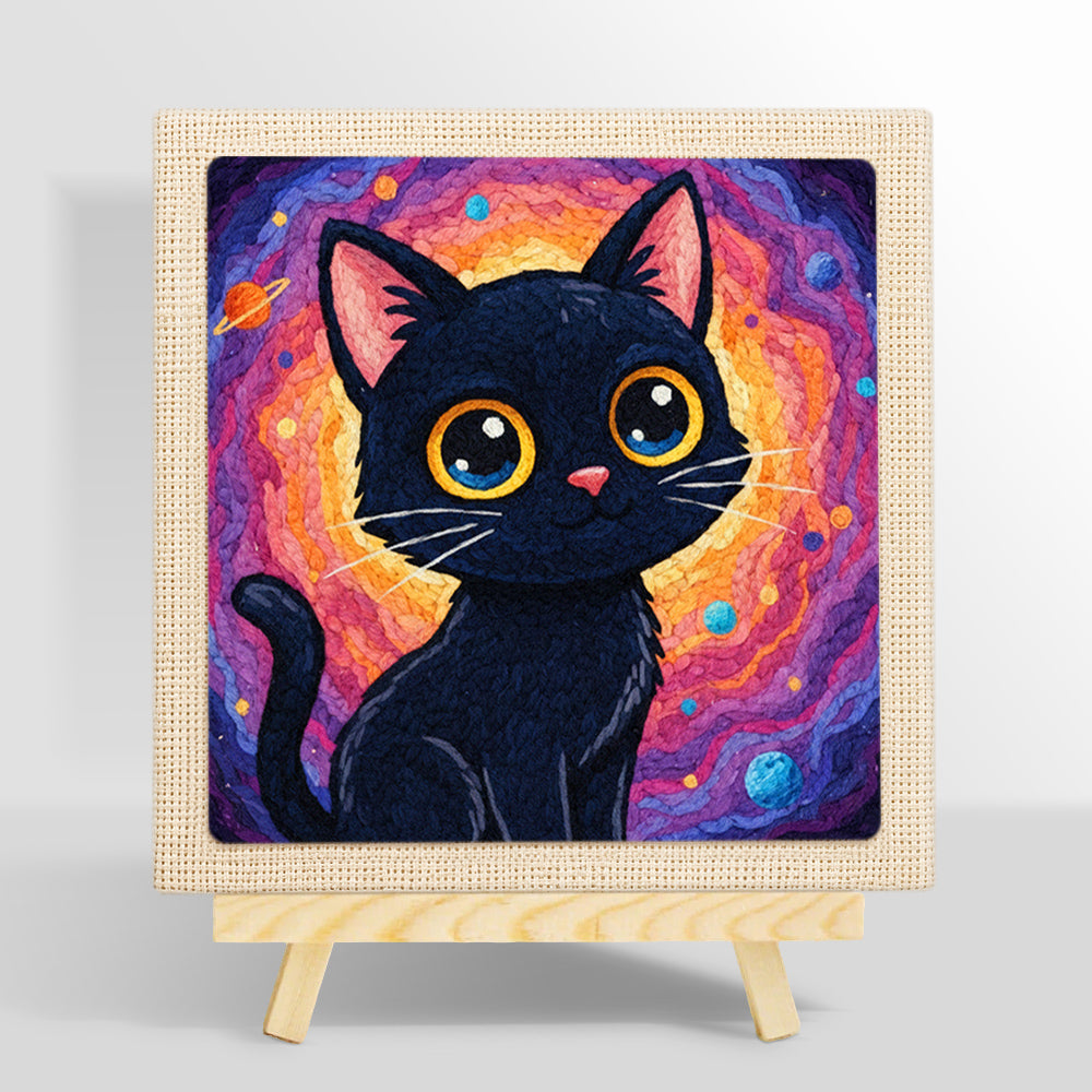 Psychedelic space black cat punch needle kit for beginners
