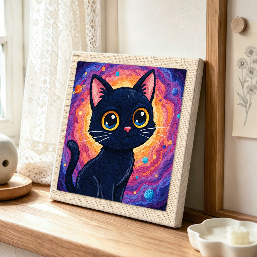 Psychedelic space black cat punch needle artwork displayed on a table