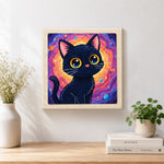 Finished psychedelic space black cat artwork displayed on a wall