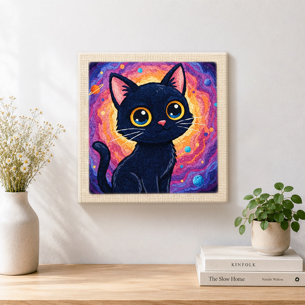 Finished psychedelic space black cat artwork displayed on a wall