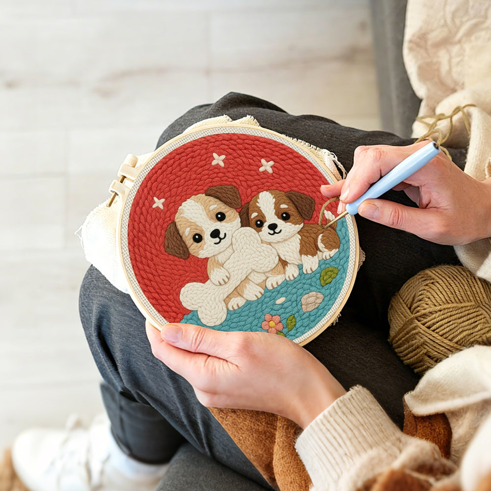 Creating handmade puppies with bone punch needle artwork