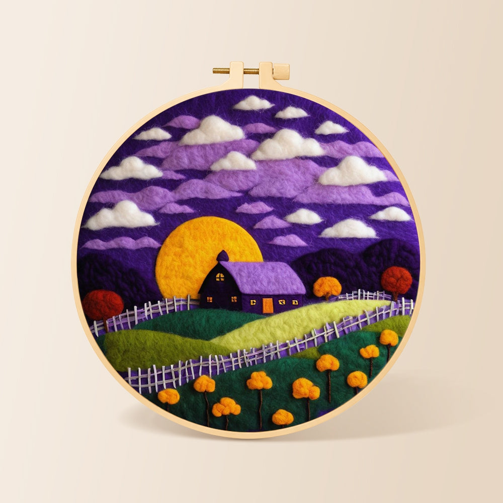Purple cottage and golden moon needle felting kit for beginners with a round wooden frame