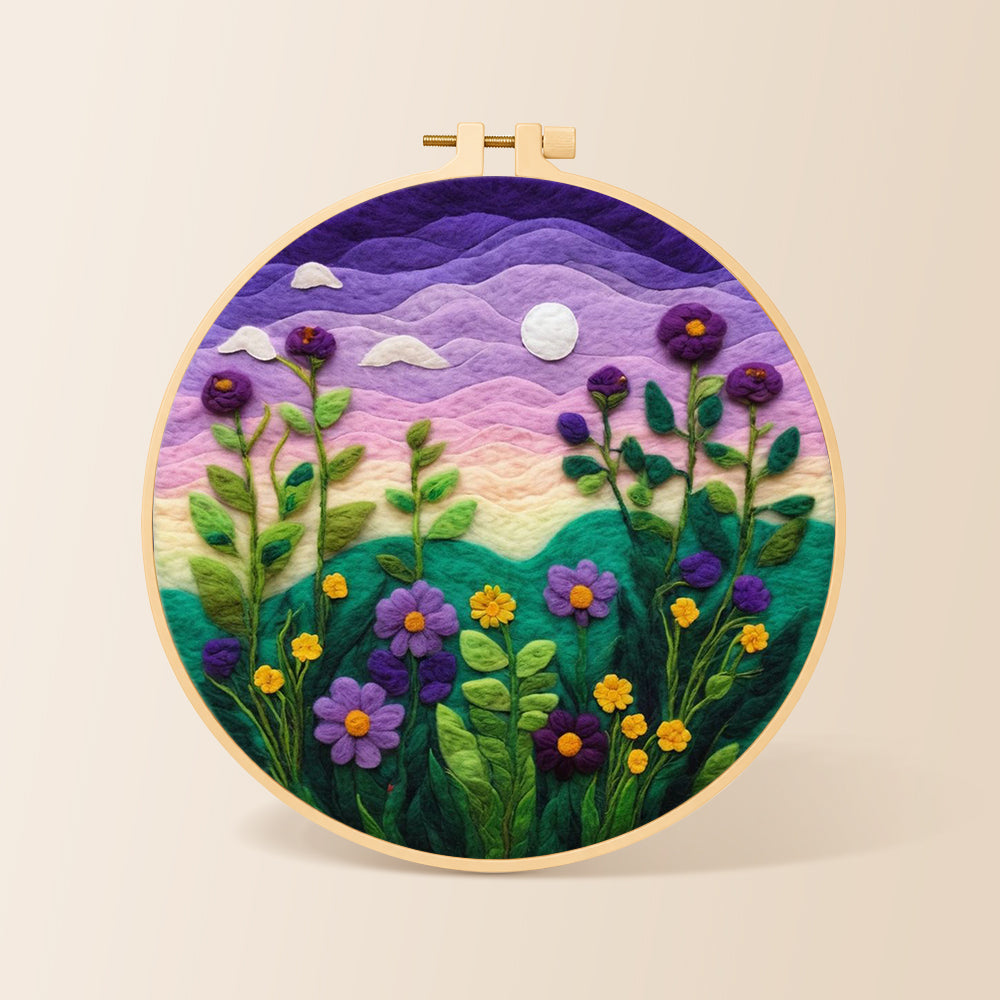 Purple dusk sky and tall wildflowers needle felting kit for beginners with a round wooden frame